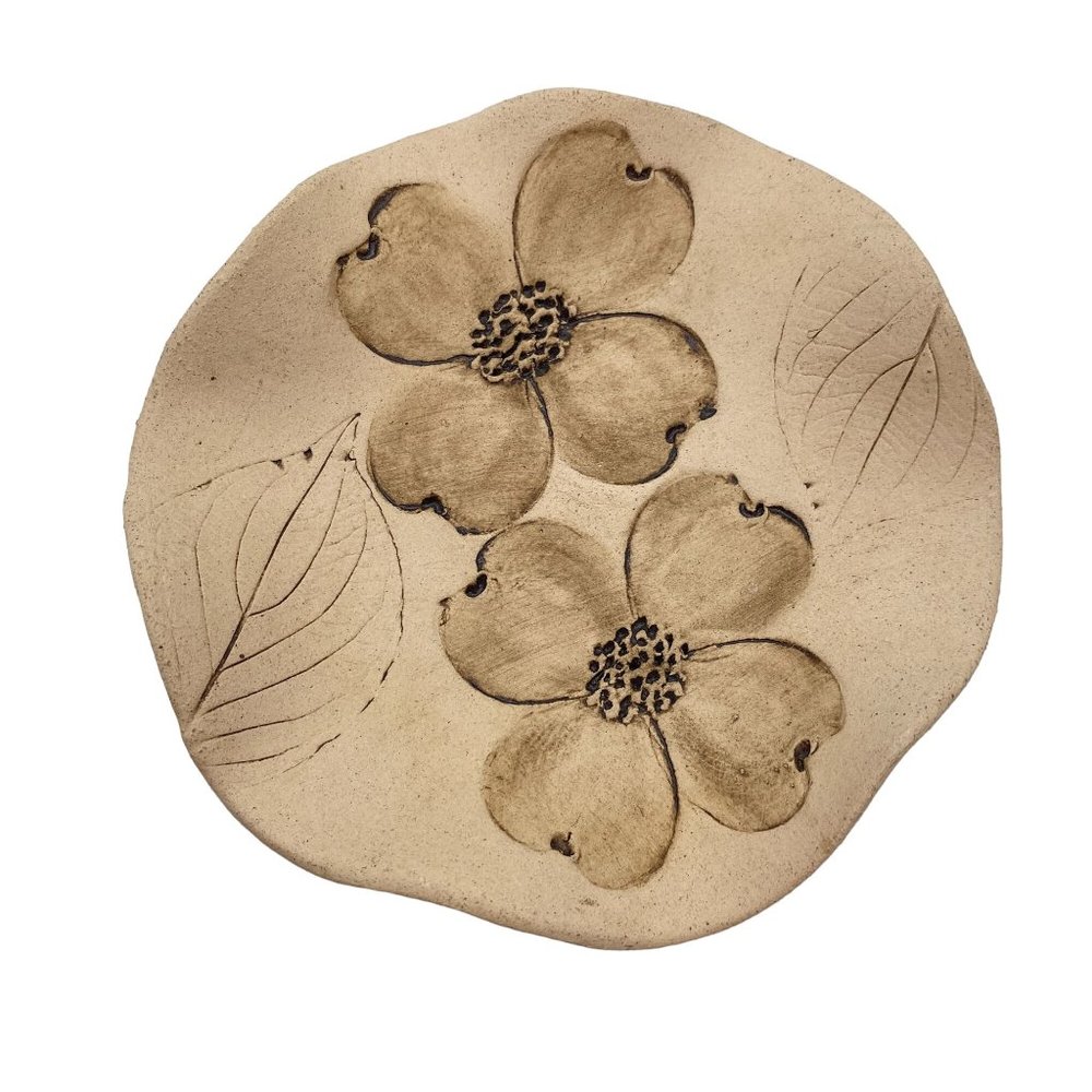 Handmade floral artisan trinket dish ring tray clay sand tan flowers signed‎